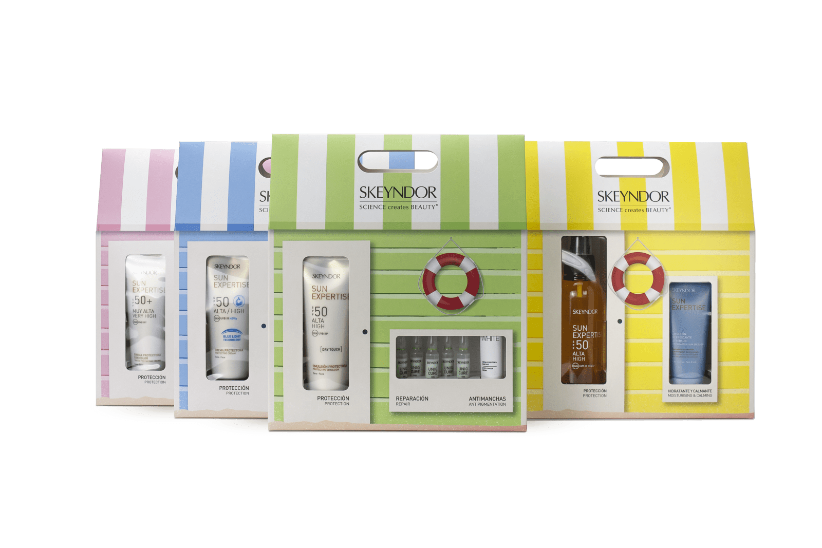 Cuatro magníficos kits que además de protegernos, nos inhibe la melanina (blanquea) y nos repara la flora cutánea con tres productos.